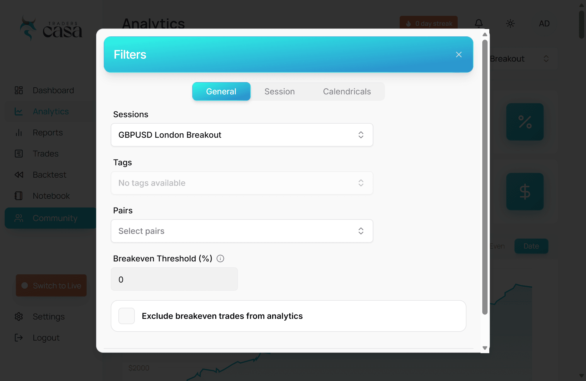 Saved filters applied to trading analytics in Traders Casa