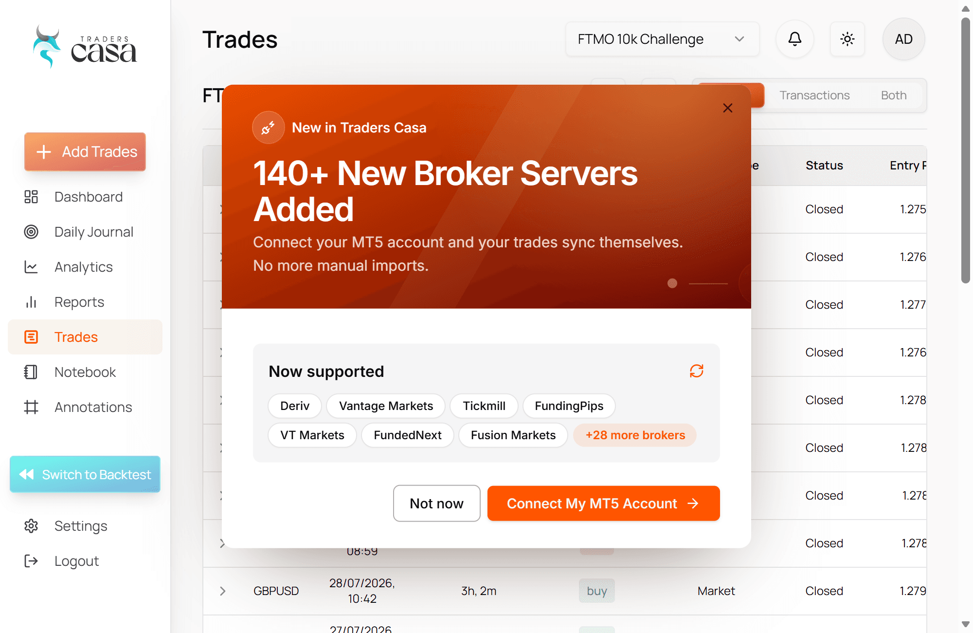 Broker server list in Traders Casa showing supported MetaTrader 5 servers