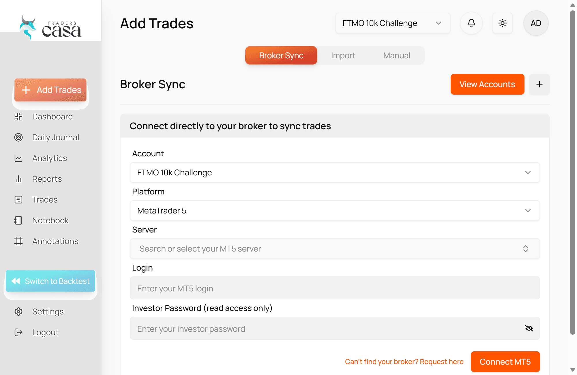 Broker Sync setup in Traders Casa connecting a MetaTrader 5 account