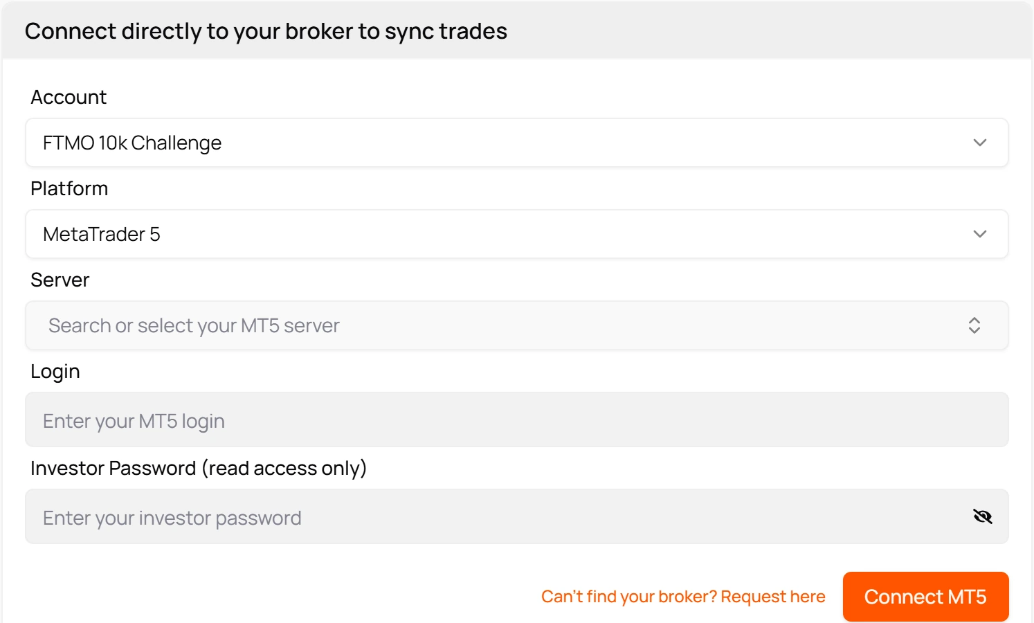 Broker sync: connect a MetaTrader 5 account to sync trades